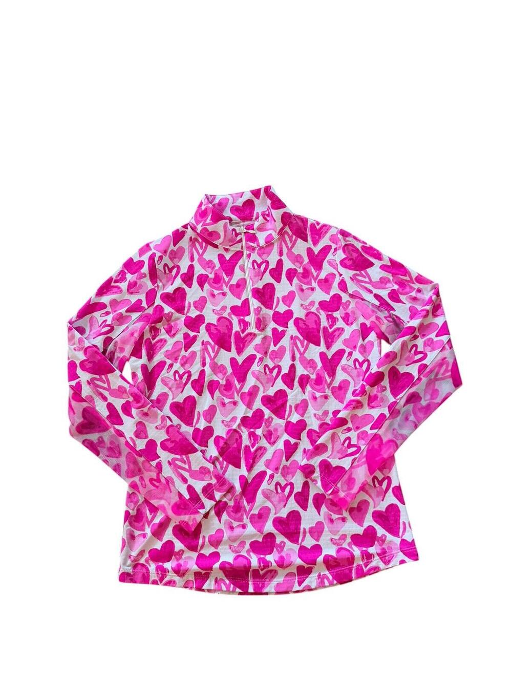 IBKUL Full of‎ Hearts Print Long Sleeve Mock Neck Golf Polo Women’s Top Size XS